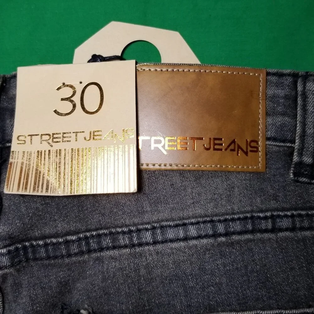 STREET JEANS Mens 30X32 Distressed Skinny Fit Black/Brown Wash Retro Street NWT